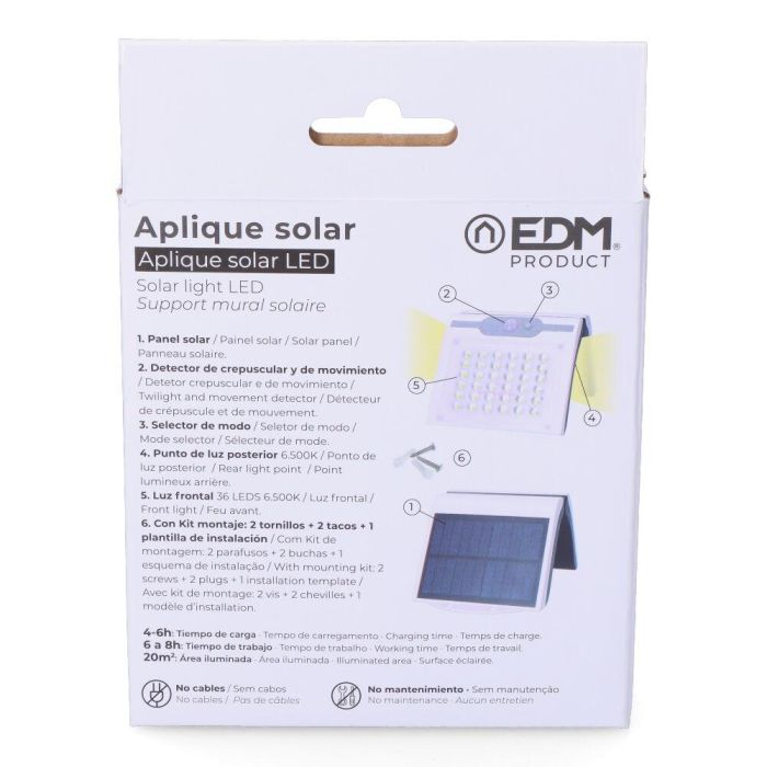 Aplique solar 2w 220lm 6.500k con sensor color blanco edm 6