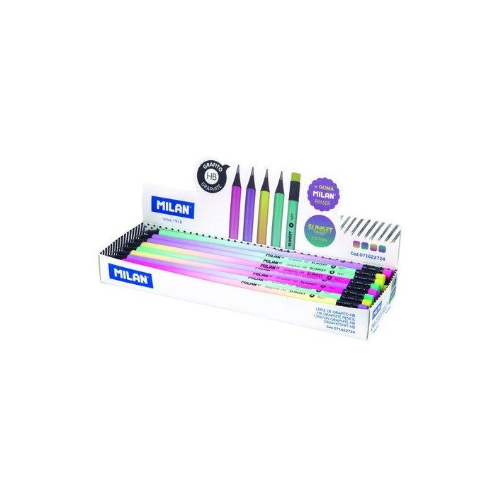 Milan Lápices de Grafito HB Sunset Madera Negra de Tilo con Goma de Borrar, Colores Surtidos (Amarillo, Lila, Rosa, Verde)
