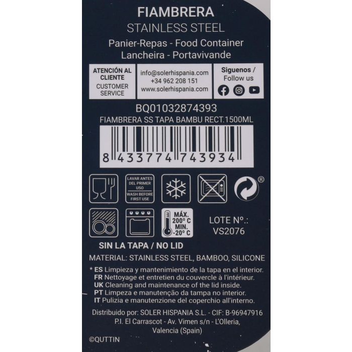 Quttin Fiambrera acero inoxidable con tapa de bambú rectangular 1500 ml - 20.5 cm x 15 cm x 7.7 cm (6 Unidades) 10 Quttin Fiambrera acero inoxidable con tapa de bambú rectangular 1500 ml - 20.5 cm x 15 cm x 7.7 cm (6 Unidades) 10