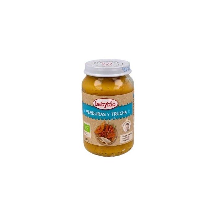 BABYBIO Potito Verduras y Trucha Ecológico para Bebés +8 Meses 200g - Sin Sal Añadida, Gluten ni Espesantes