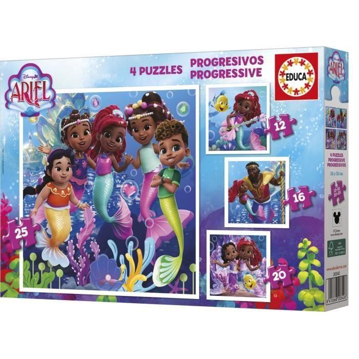 Educa Puzzle Progresivo Disney La Sirenita Ariel 12+16+20+25 Piezas, Set de 4 Puzzles de Cartón para Niños 3+ Años 3