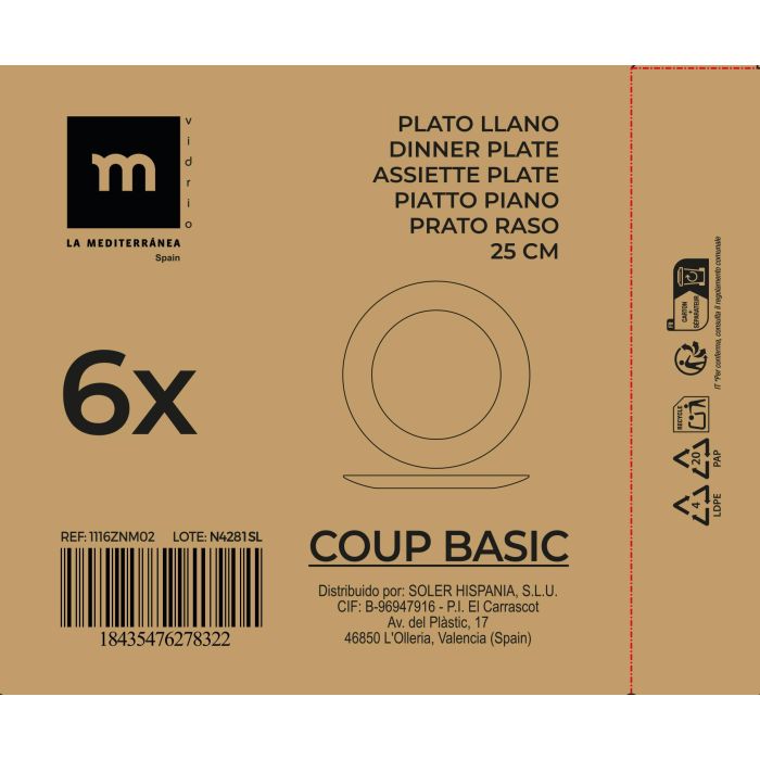 Plato Llano 25 cm Opal Coup Basic Inde (36 Unidades) 1