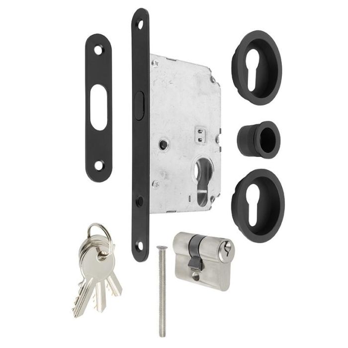 JANDEL Cerradura Puerta Corredera Redonda Negra - Kit Completo