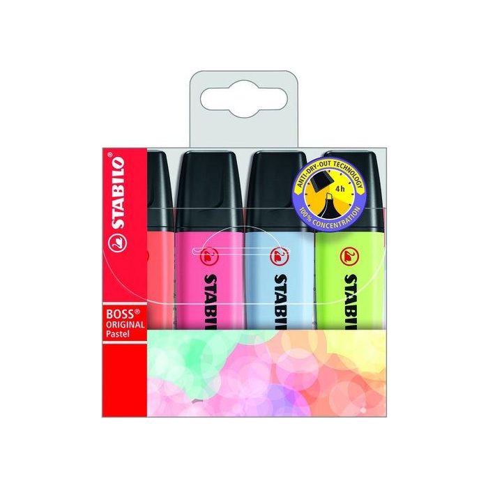 Stabilo Rotulador Fluorescente Boss Original Pastel Estuche 4 Unidades Surtidos - Antisecado hasta 4h, Trazo 2-5mm