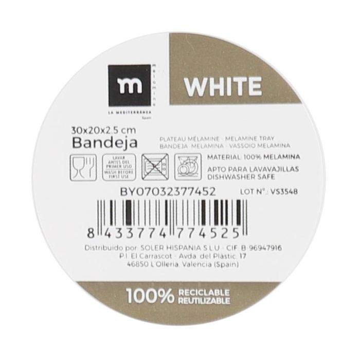 La Mediterranea Bandeja Melamina Mate White 30 x 20 x 2.5 cm (12 Unidades) 1 La Mediterranea Bandeja Melamina Mate White 30 x 20 x 2.5 cm (12 Unidades) 1