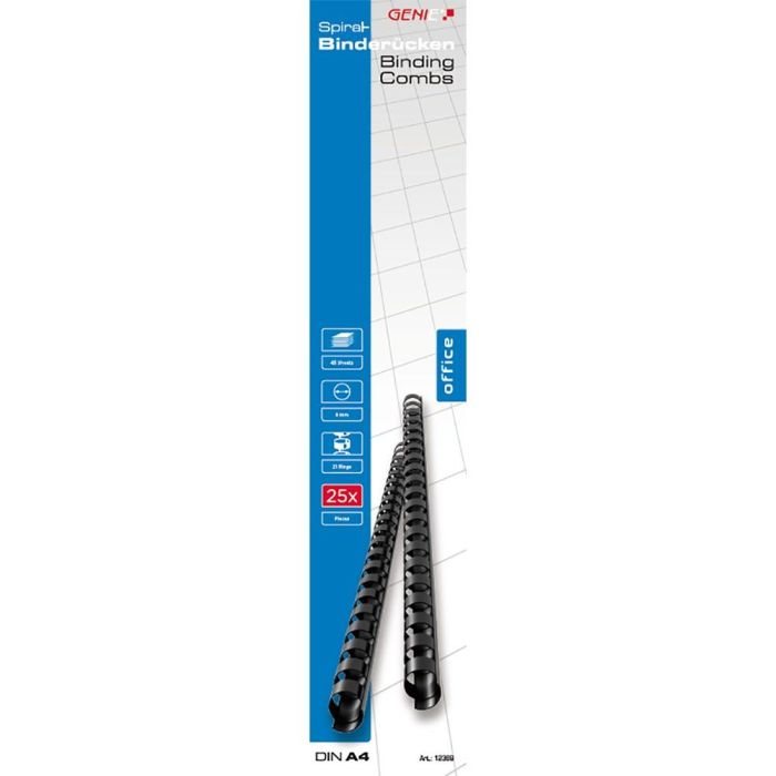 GENIE Peine de Encuadernación Plástico Negro 8mm para 45 Hojas (25 Unidades) 1
