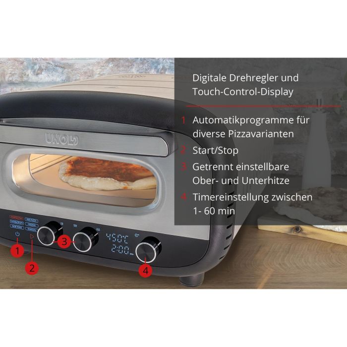 Unold 68806 Horno de Pizza Alfredo para 1 pizza, 30 cm, 450 °C, Acero Inoxidable, 1700 W, Digital 6 Unold 68806 Horno de Pizza Alfredo para 1 pizza, 30 cm, 450 °C, Acero Inoxidable, 1700 W, Digital 6