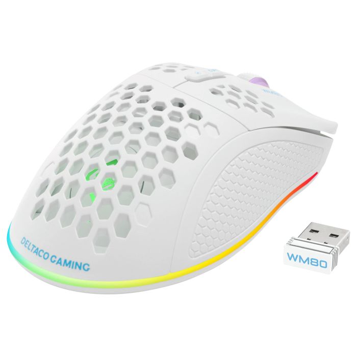 Deltaco GAM-120-W Ratón Gaming Inalámbrico y Alámbrico RGB Blanco, 4800 DPI, 7 Botones, Ergonomico para Mano Derecha, Bluetooth + USB Tipo-A, 1 ms