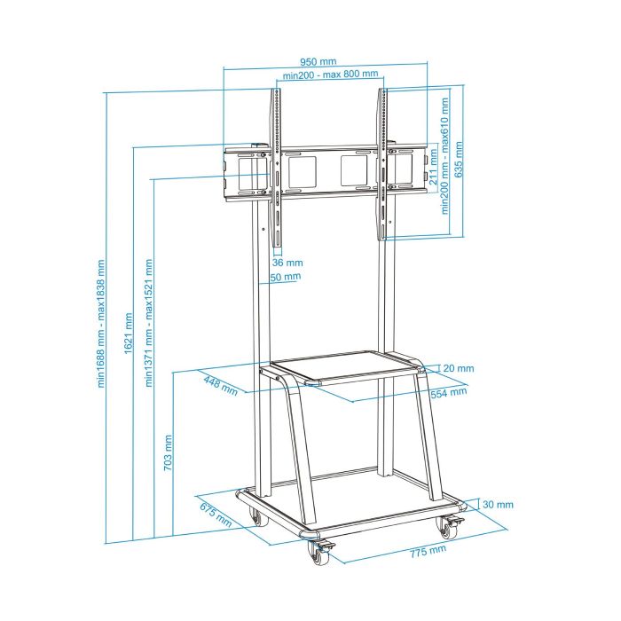Tooq Soporte TV suelo con ruedas para pantallas de 37" a 100", hasta 150 kg, ajuste de altura, negro 9