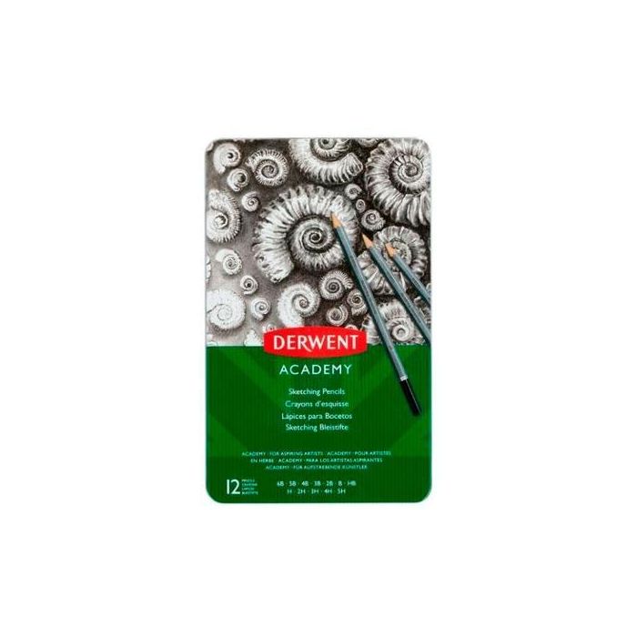 Derwent Academy Lápices de Grafito para Sketching y Dibujo Artístico, Set 12 Unidades, 5H a 6B en Caja Metálica