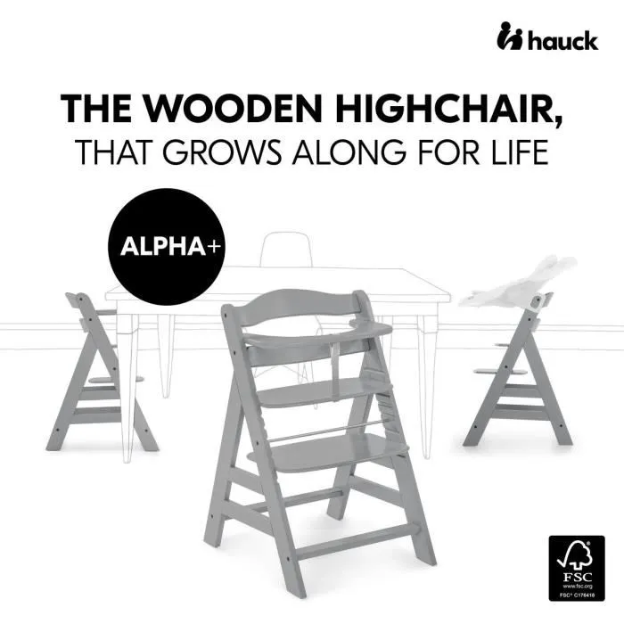 Hauck Silla Alta de Madera Escalable Alpha + / Gris para Bebé y Niños, Arnés 5 Puntos, Estante Extraíble, Desde 6 Meses hasta 90 Kg 1