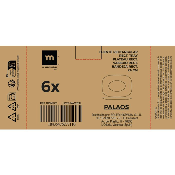 Bandeja rectangular opal 24 cm Palaos - La Mediterranea (36 Unidades) 2 Bandeja rectangular opal 24 cm Palaos - La Mediterranea (36 Unidades) 2