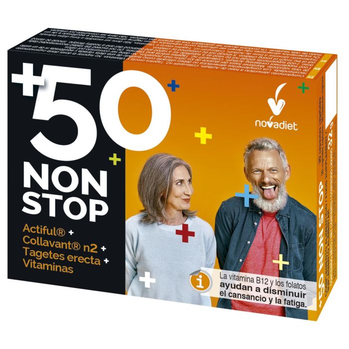 NOVADIET +50 Non Stop, 30 Cápsulas para personas de 50 años o más que ayuda a disminuir el cansancio y la fatiga y mantiene huesos y músculos.