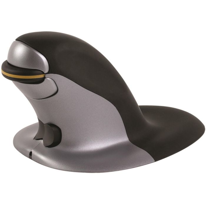 Fellowes Ratón Vertical Inalámbrico Penguin Pequeño, Ambidextro, Laser 1200 DPI, Recargable, Negro/Plata