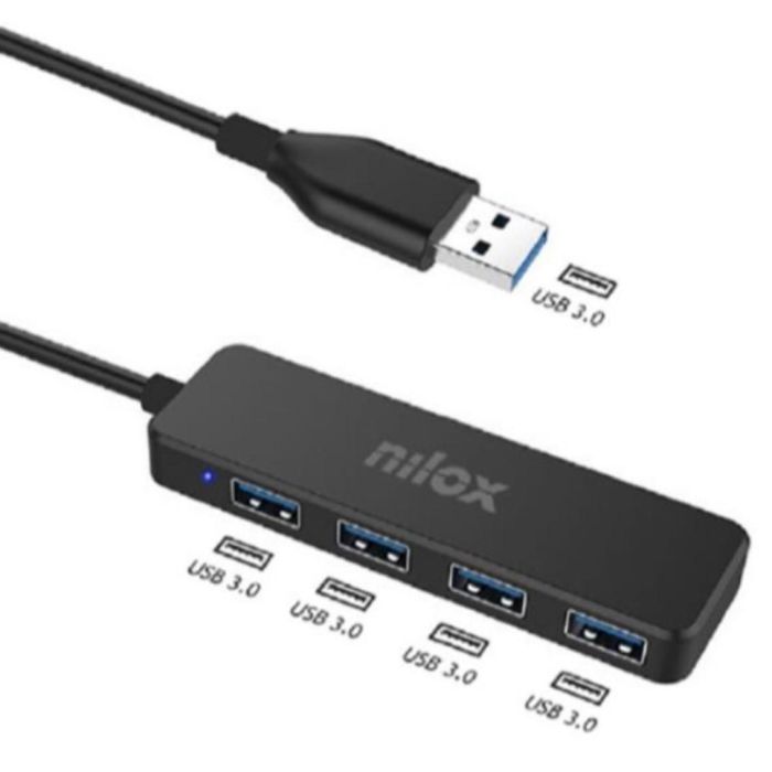 Nilox NXHUB402 - Hub USB 3.0 de Aluminio con 4 Puertos para Expandir la Conectividad del PC, Color Negro