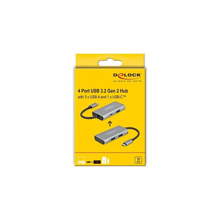 DeLOCK Hub USB 3.2 Gen 2 Tipo C Externo - 10 Gbps con 3 Puertos USB-A y 1 Puerto USB-C, Aluminio, Color Negro/Gris, Longitud de Cable 0.12 m 3 DeLOCK Hub USB 3.2 Gen 2 Tipo C Externo - 10 Gbps con 3 Puertos USB-A y 1 Puerto USB-C, Aluminio, Color Negro/Gris, Longitud de Cable 0.12 m 3
