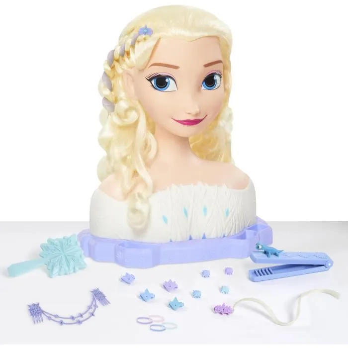 Reine Des Neiges Cabezal de Peinado Elsa Deluxe Styling Head con Extensiones, Accesorios para el Cabello y Revelador de Color, a partir de 3 años
