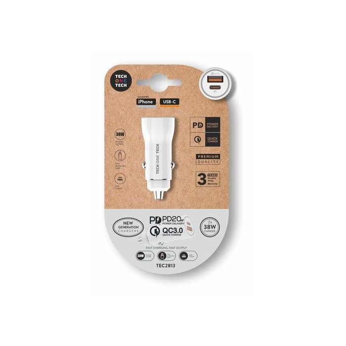 Cargador Tech-One-Tech Doble Mechero Coche Usb-C + Usb-A