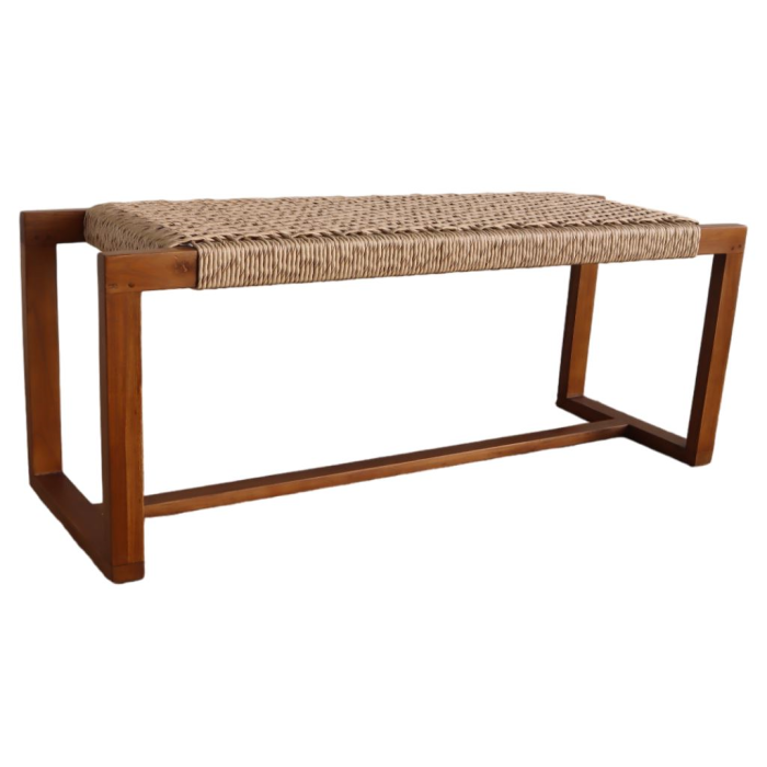 DKD Home Decor Banco Descalzador Boho Marrón de Teca y Fibra, Mueble Asiento Banco Decorativo, 120 cm Ancho x 40 cm Fondo x 45 cm Alto
