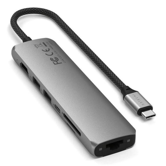 Satechi Adaptador Multi-puerto USB-C Slim 7-en-1 con Ethernet, HDMI 4K@60Hz, Lector SD/MicroSD, 2x USB-A, Carga PD 100W, 10Gbps, Gris Espacial 4