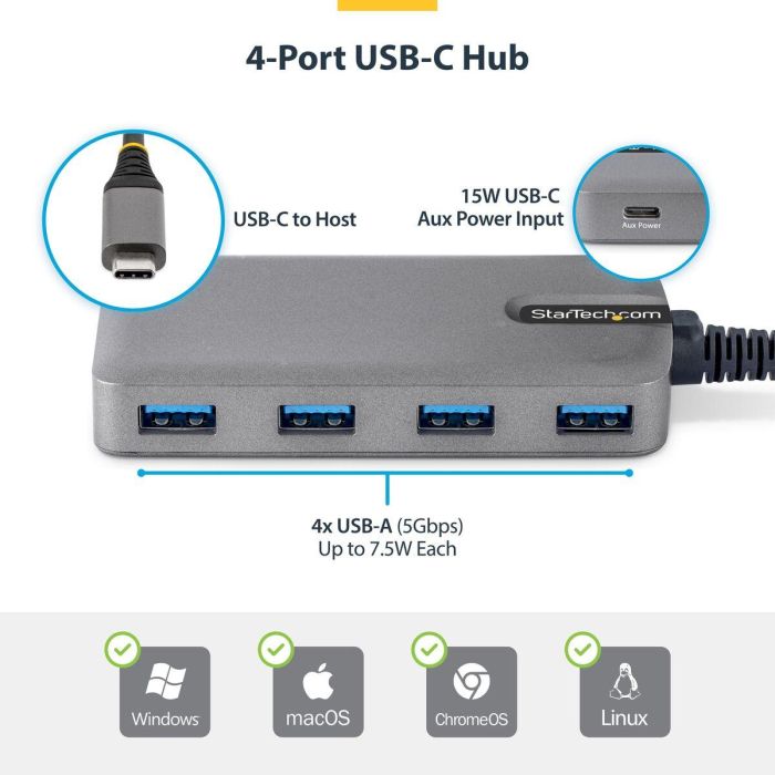 Hub USB Startech 5G4AC-USB-C-HUB Gris 4 Hub USB Startech 5G4AC-USB-C-HUB Gris 4