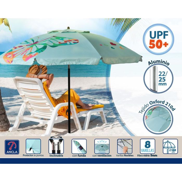 Atosa Sombrilla de Playa Reclinable de Aluminio con UPF 50+, Celeste, 180 cm 2