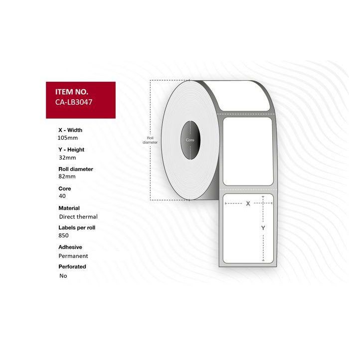 Capture Label 105 x 32 Core 40 Ø 82 mm. White. DT. Permanent. 850 labels per roll. 28 rolls per box. Capture Label 105 x 32 Core 40 Ø 82 mm. White. DT. Permanent. 850 labels per roll. 28 rolls per box.