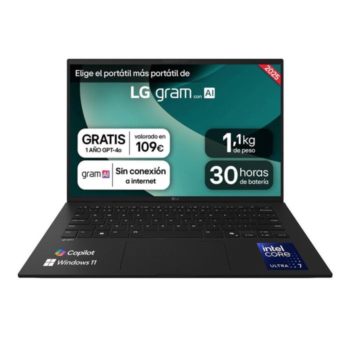 LG 14Z90T - G U7 - 255H Portátil LG gram 14" WUXGA Intel Core Ultra 7, 32 GB RAM, 1 TB SSD, Windows 11 Home