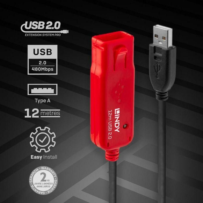 Lindy USB 2.0 Active Extension Pro Cable 12m - 480Mbps con Amplificador de Señal y Conectores de Bloqueo para Periféricos 2