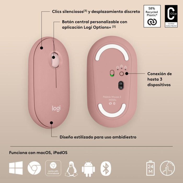 Logitech Ratón Inalámbrico Pebble Mouse 2 M350S, Ambidiestro, Plástico Reciclado, Bluetooth, 400-4000 DPI 5 Logitech Ratón Inalámbrico Pebble Mouse 2 M350S, Ambidiestro, Plástico Reciclado, Bluetooth, 400-4000 DPI 5