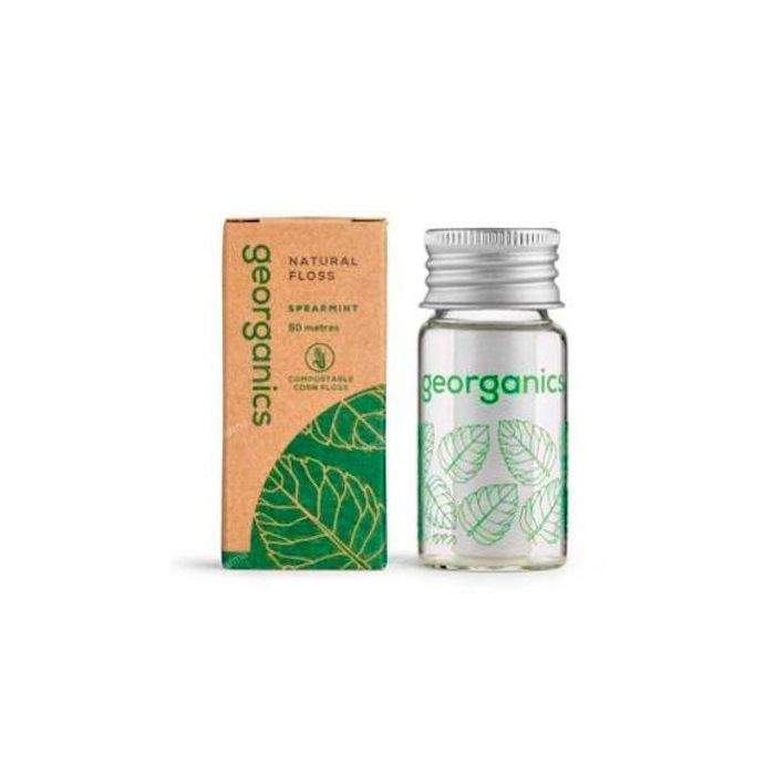 GEORGANICS Hilo Dental Vegano Hierbabuena 50 M - Bionylon con Aceite de Ricino y Menta Verde para Higiene Bucal Sostenible