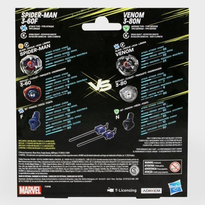 HASBRO Spider-Man 3-60F y Venom 3-80N Beyblade X con 2 Tops y 2 Lanzadores, Diseño Takara Tomy, Edad +8 años 3 HASBRO Spider-Man 3-60F y Venom 3-80N Beyblade X con 2 Tops y 2 Lanzadores, Diseño Takara Tomy, Edad +8 años 3