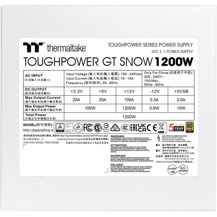 1200W Thermaltake Toughpower GT 1200W Snow ATX3.1 80+G WH 6 1200W Thermaltake Toughpower GT 1200W Snow ATX3.1 80+G WH 6