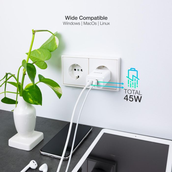 TOOQ TQWC-GANQCPD45WT Cargador USB Pared GaN USB-C/PD + USB-A/QC 45W Blanco 2