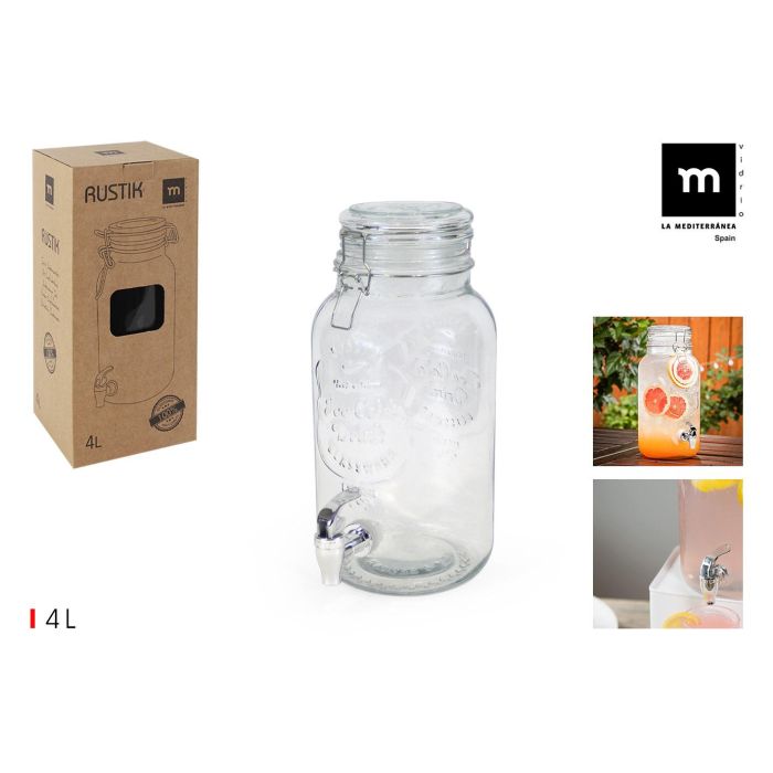 La Mediterranea Tarro Dispensador con Grifo 4L Vidrio 14.5x14.5x31.5 cm (6 Unidades)
