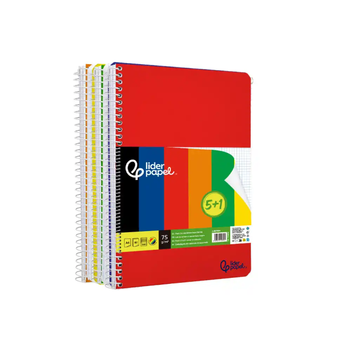 Liderpapel Cuaderno espiral A4 tapa blanda 80 hojas 75gr cuadro 4 mm con margen pack 5+1 colores surtidos 3