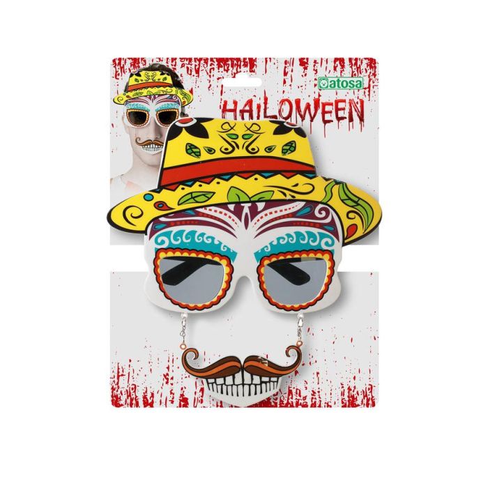Gafas con diseño de calavera mexicana y sombrero amarillo para Día de los Muertos y fiestas temáticas 1