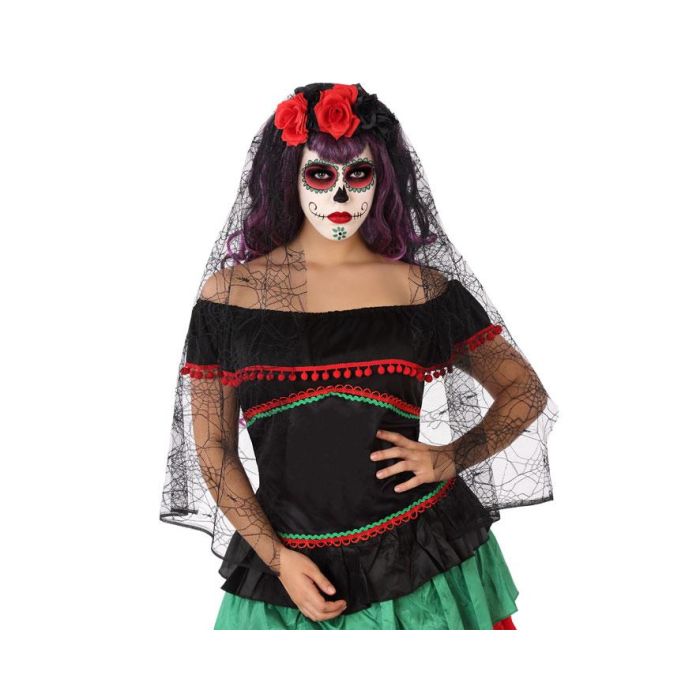 Diadema Halloween Rosa Roja Negra Velo Largo Telaraña para Disfraz Catrina