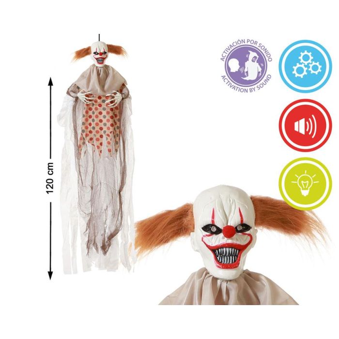 Figura Payaso Colgante Terrorífico Blanco Con Luz, Sonido Y Pelo Naranja 120 cm Halloween