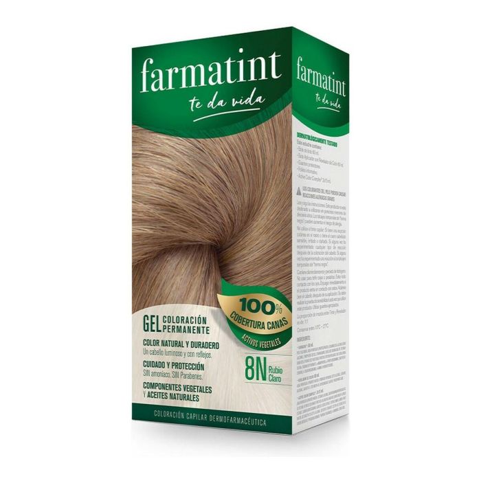 Farmatint #8n Gel Coloración Permanente Rubio Claro - Sin Amoníaco, con 97.3% Ingredientes Naturales y Cobertura Total de Canas