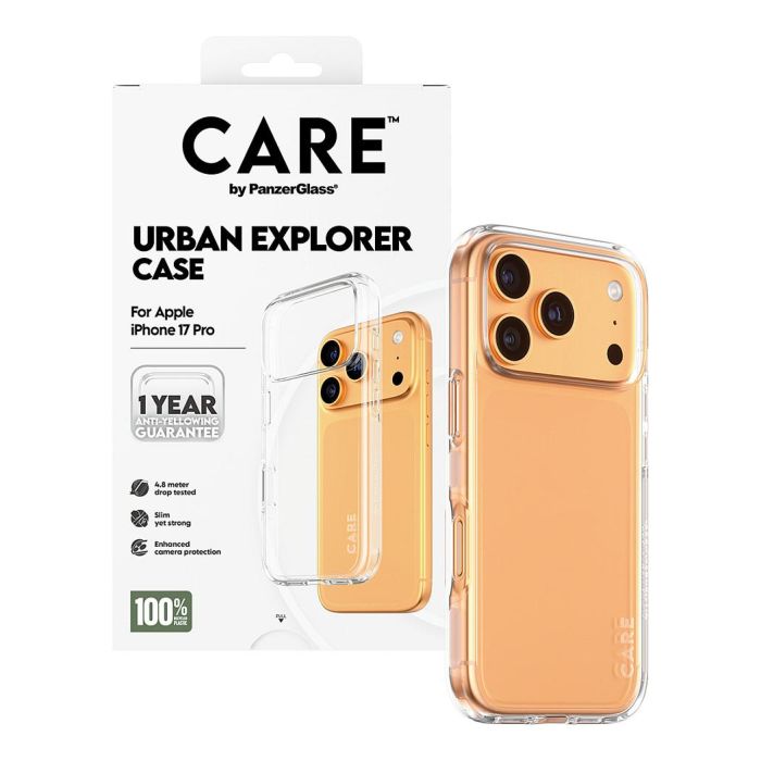 PanzerGlass CARE by Urban Explorer Case Transparente para iPhone 17 Pro, Funda TPU Protectora 100% Reciclada, Resistente a Golpes y Rayones 4 PanzerGlass CARE by Urban Explorer Case Transparente para iPhone 17 Pro, Funda TPU Protectora 100% Reciclada, Resistente a Golpes y Rayones 4