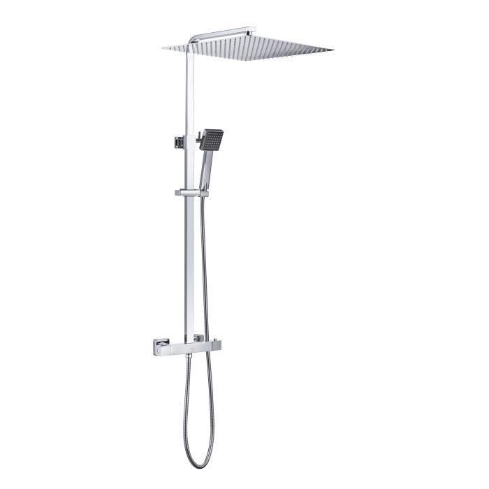 Oceanic Columna de Ducha Mezclador Termostático (38°C), Rociador Cuadrado Extraplano 40x40 cm Acero Inoxidable, Teleducha, Cromo