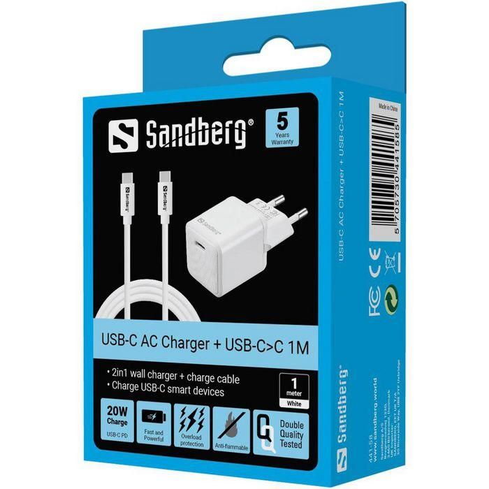Sandberg Cargador de Pared USB-C PD 20W con Cable USB-C a USB-C 1M para Smartphones y Tablets - Enchufe EU 3