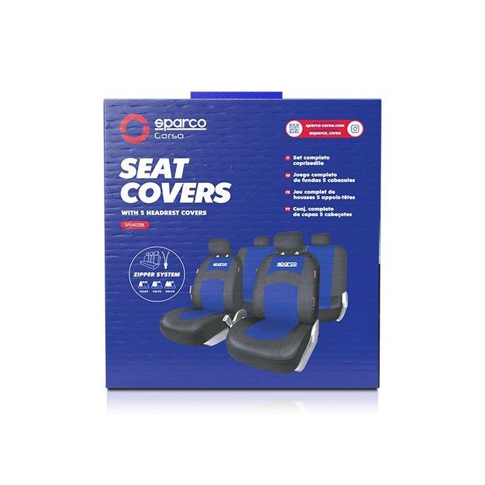 Sparco SPCS402BL Juego Fundas Asiento Coche 11 Piezas Azul 100% Poliéster Trasera Partida Lavables 3