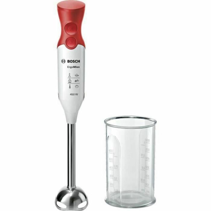 Batidora de mano BOSCH - 450 Watt - Batidora de mano de acero inoxidable - 4 cuchillas afiladas - 2 velocidades - Recipiente graduado 600 ml - blanco / rojo