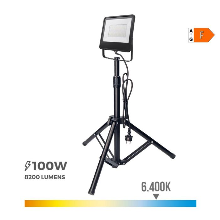 Edm Foco proyector LED 100W 6400K con trípode, luz fría, 8200lm, IP65, altura regulable 50-90cm Edm Foco proyector LED 100W 6400K con trípode, luz fría, 8200lm, IP65, altura regulable 50-90cm