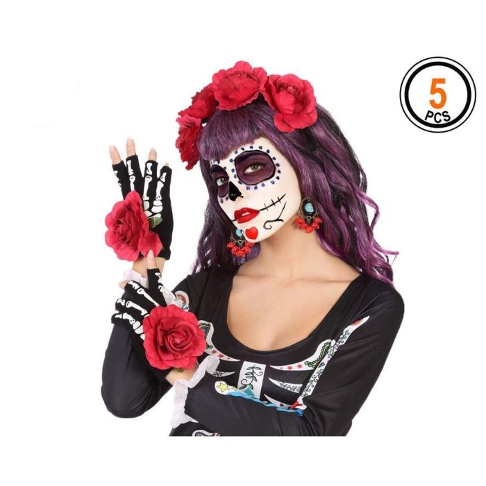 Set Catrina con Diadema de Flores, Guantes y Pendientes (5 Piezas) para Halloween y Día de Muertos