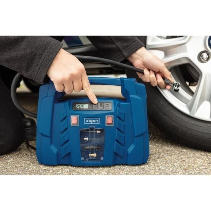 Scheppach Air Force 5 Compresor Portátil 12V, 8 bar, Manómetro Digital con Preajuste de Presión y Almacenamiento Integrado 3