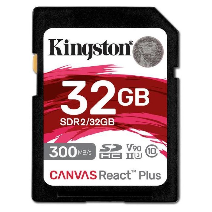 Kingston Tarjeta SDHC Canvas React Plus 32GB UHS-II U3 V90 300MB/s Lectura 260MB/s Escritura XC