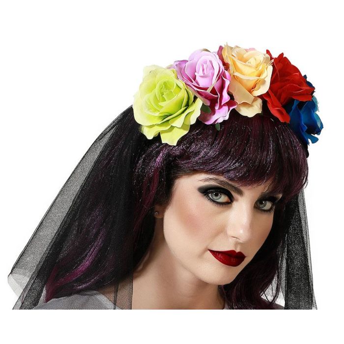 Diadema Halloween Velo Corto Flores Multicolores